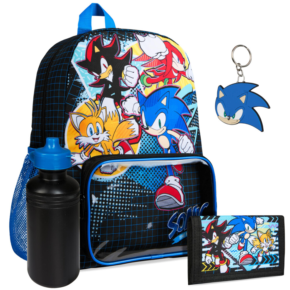 Sonic The Hedgehog School Bag Set  4 Piece Set Backpack  Water Bottle & Accessories - Gifts for Boys (Black/Multi)