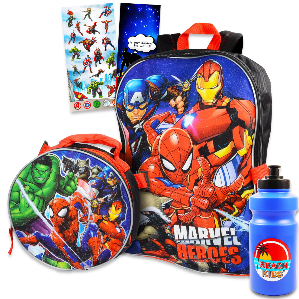 Marvel Avengers Backpack for Boys  Girls  Kids - 7 Pc Bundle 16"" Marvel Superhero School Bag  Avengers Lunch Bag  Stickers  More (Avengers