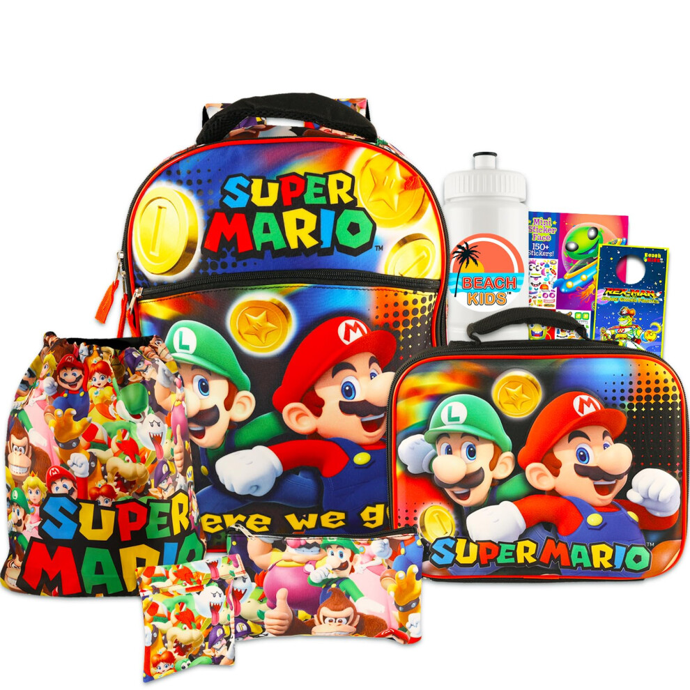 Super Mario Backpack Set - Bundle of a 16"" Backpack  Lunch Bag  Water Bottle  Cinch  Gadget Case  Create-A-Face Stickers  More | Luigi Scho