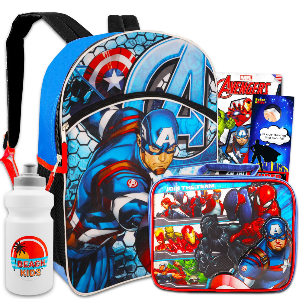 Marvel Captain America Backpack & Lunchbox For Boys - Bundle with 16"" Captain America Backpack  Avengers Lunchbox  Tattoos  & More | Avenge