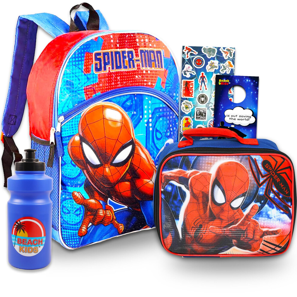 Marvel Spiderman Backpack With Lunch Box ~ 5 Pc Back to School Bundle With 16"" Spiderman School Bag For Boys  Girls  Kids  Lunch Bag  Water