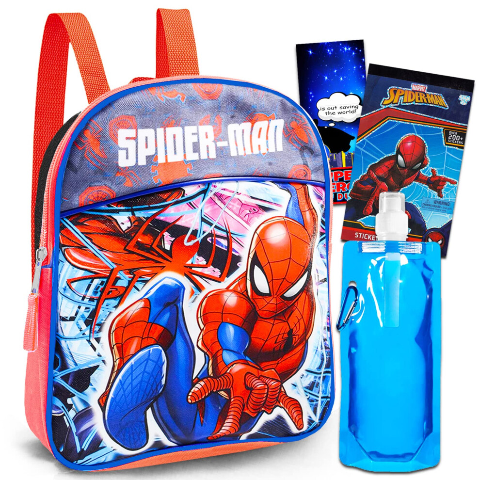 Marvel Spiderman Mini Backpack For Boys  Kids ~ 4 Pc Bundle With 11"" Spiderman School Bag For Kids  Water Pouch  Stickers  And More | Spide