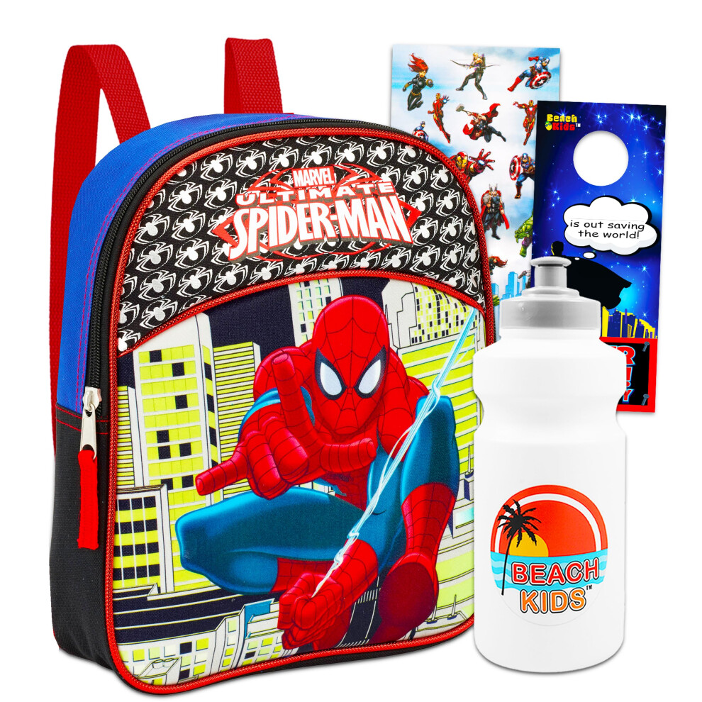 Marvel Spiderman Mini Toddler Preschool Backpack (11"") Set with Water Bottle and Stickers (Spider-Man School Supplies Bundle)