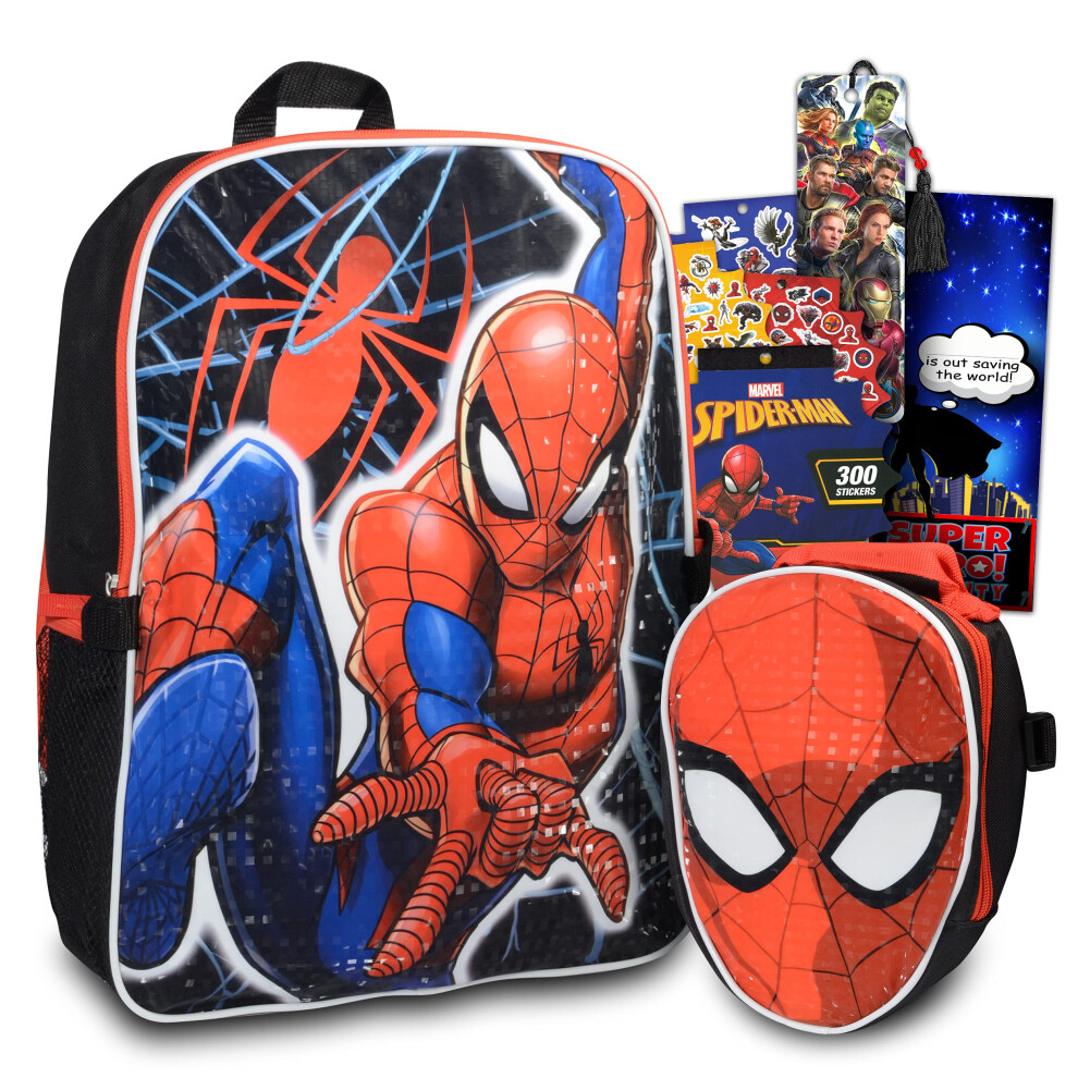 Marvel Shop Spiderman Backpack With Lunch Box For Boys ~ 16"" Spiderman Backpack For Kids  Spiderman Lunch Box  Stickers  And More | Spiderm