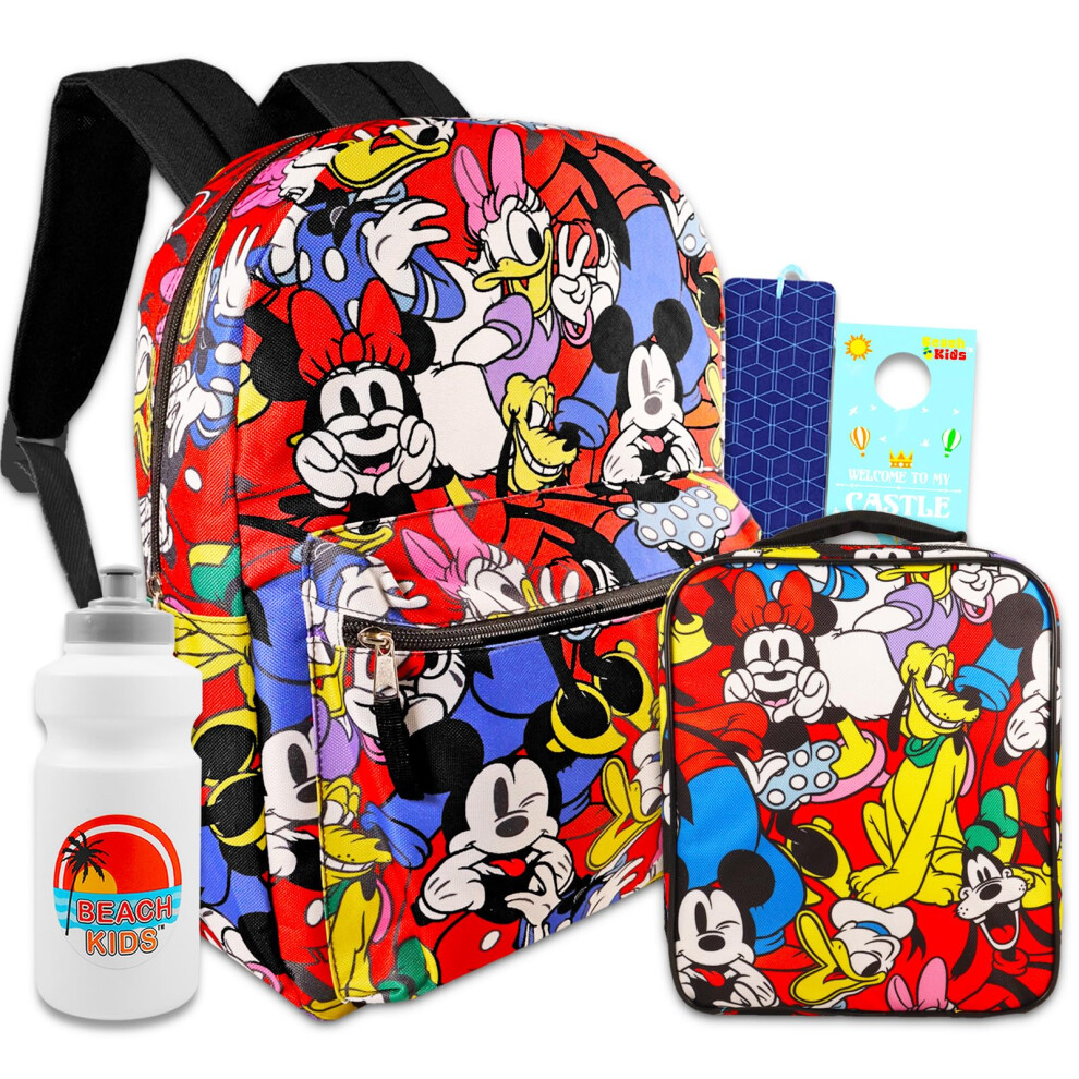 Mickey Mouse Backpack and Lunch Box Set for Kids - Bundle with 16"" Mickey and Friends Backpack  Mickey Lunch Bag  Bookmark  Water Bottle  M