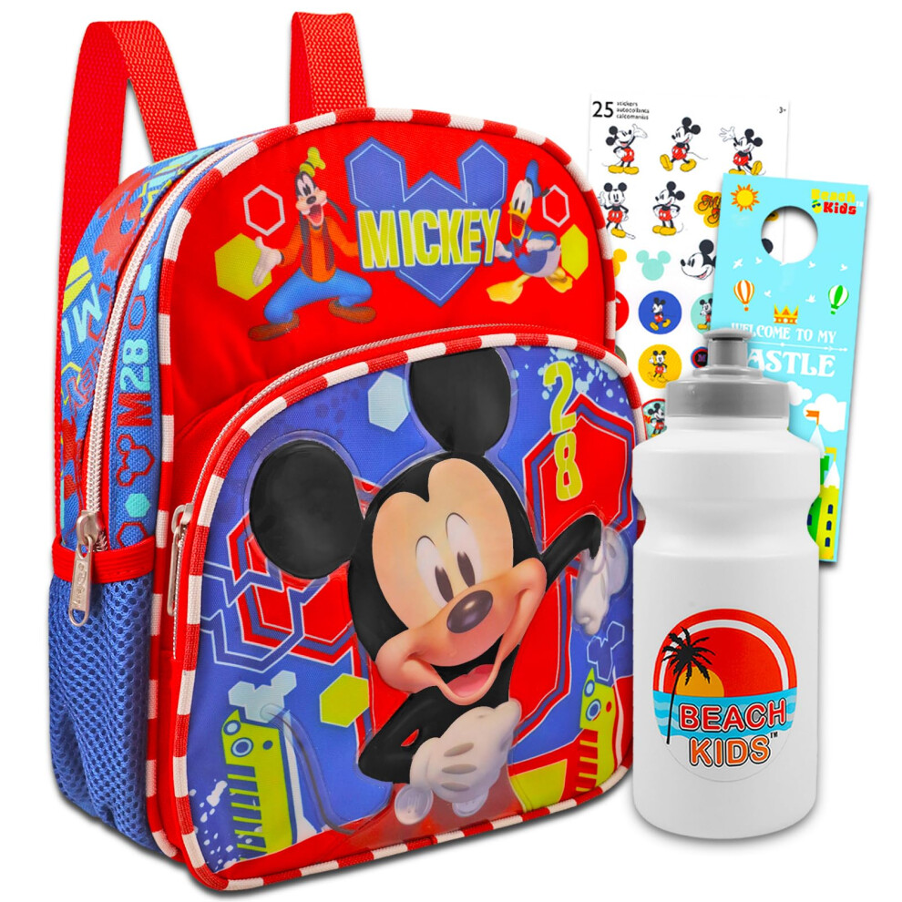 Mickey Mouse Mini Backpack Set - Bundle with 12"" Mickey Backpack Plus Water Bottle  Stickers  More | Mickey Backpack Toddler Boy