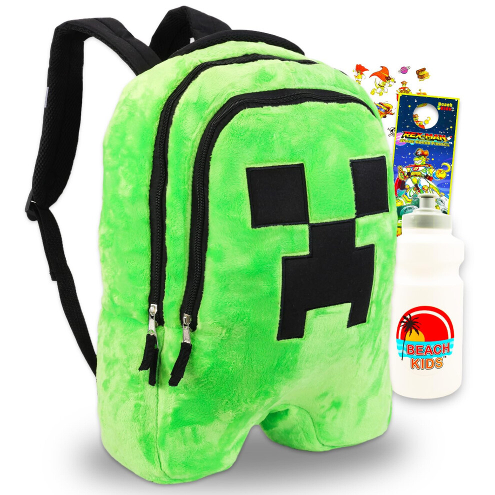 Minecraft Plush Backpack for Boys - Bundle with 18"" Minecraft Creeper Backpack Plush Plus Stickers  Water Bottle  More | Minecraft School B