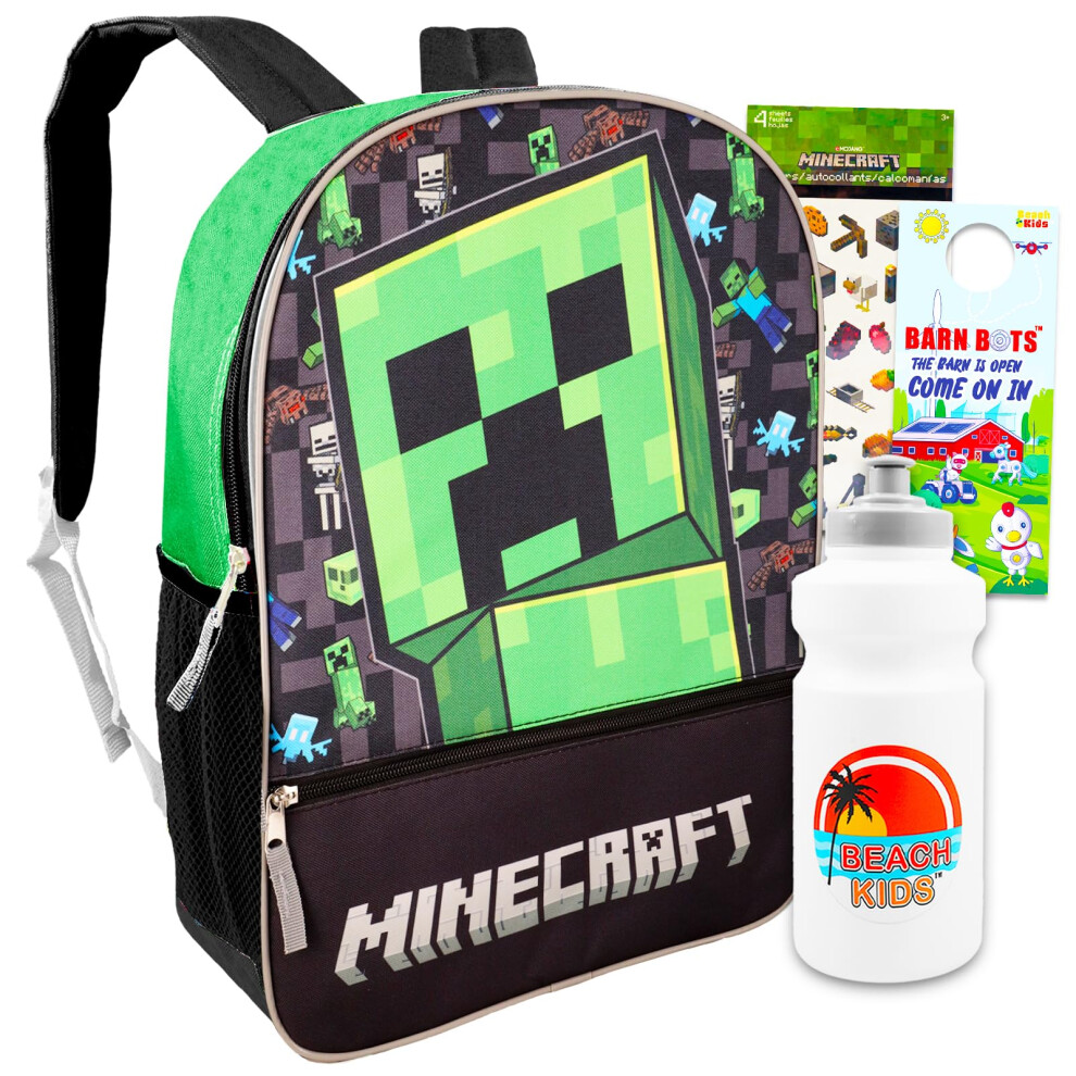 Minecraft Backpack for Boys 6-8 - Bundle with 16"" Minecraft Backpack for School and Travel Plus Stickers  Water Bottle  More | Minecraft Sc