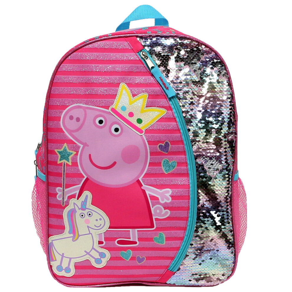 Peppa Pig Backpack for Girls for Kindergarten & Elementary School  16 Inch  Flip Sequins & Glitter Bookbag with Padded Back & Adjustable Sho