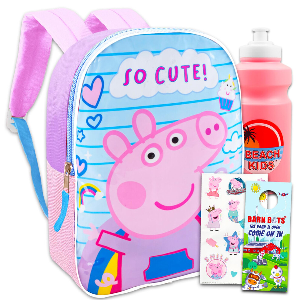 Peppa Pig Backpack for Girls - Bundle with 15"" Peppa Pig Backpack  Stickers  Water Bottle  More | Peppa Pig Preschool Backpack Set