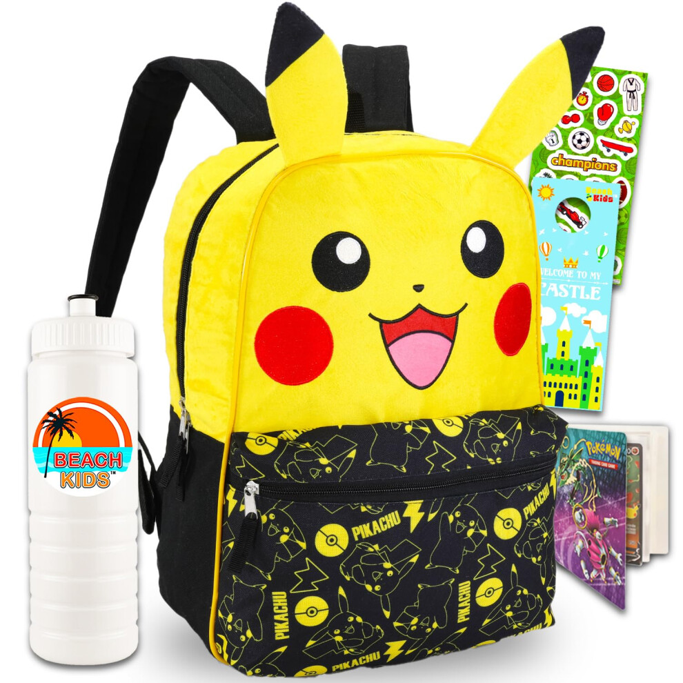 Nintendo Pikachu Backpack for Boys - Bundle with 16"" Pokemon Backpack  Pokemon Card Binder  Water Bottle  Stickers  More | Pokemon Backpack