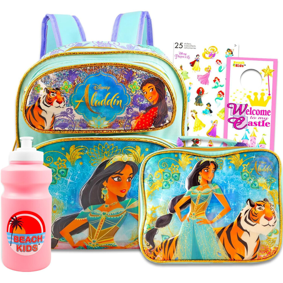 Disney Aladdin Backpack and Lunch Box Set for Kids - Bundle with 12"" Princess Jasmine Mini Backpack  Jasmine Lunch Bag  Stickers  Water Bot