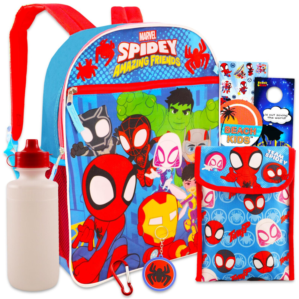 Marvel Spidey and His Amazing Friends Backpack Set - Bundle of 16  Spiderman Backpack  Spidey Lunch Bag  Water Bottle  Stickers  and More