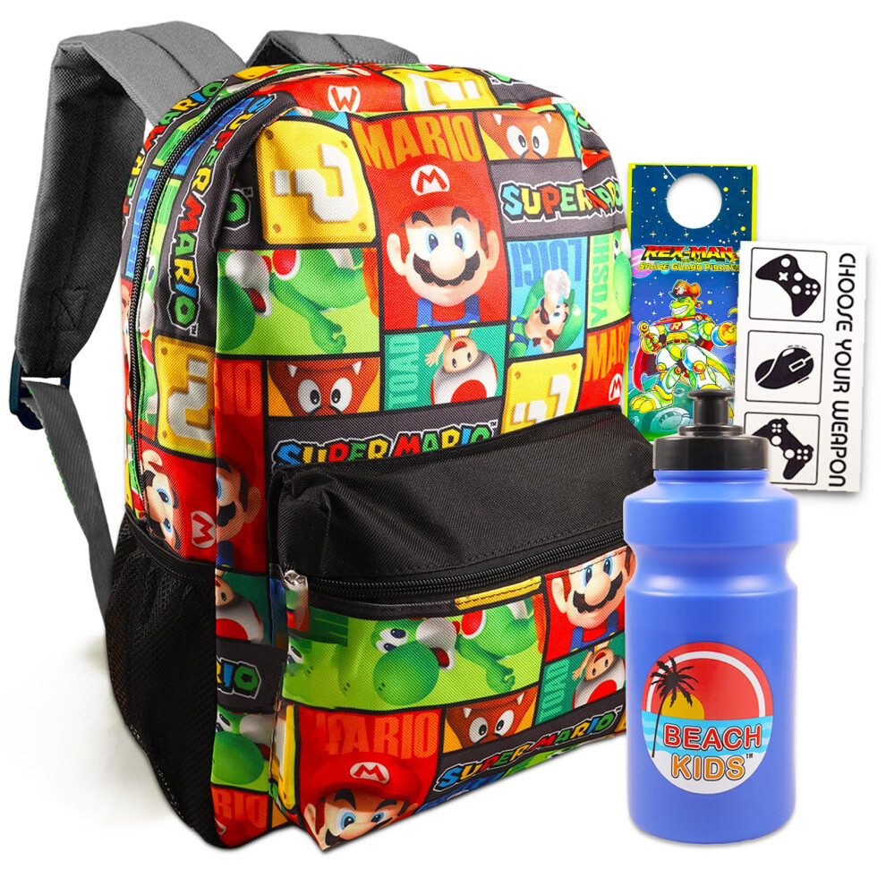 Super Mario Backpack for Boys - Mario School Supplies Bundle with 16"" Backpack Plus Water Bottle  Stickers  More Backpack