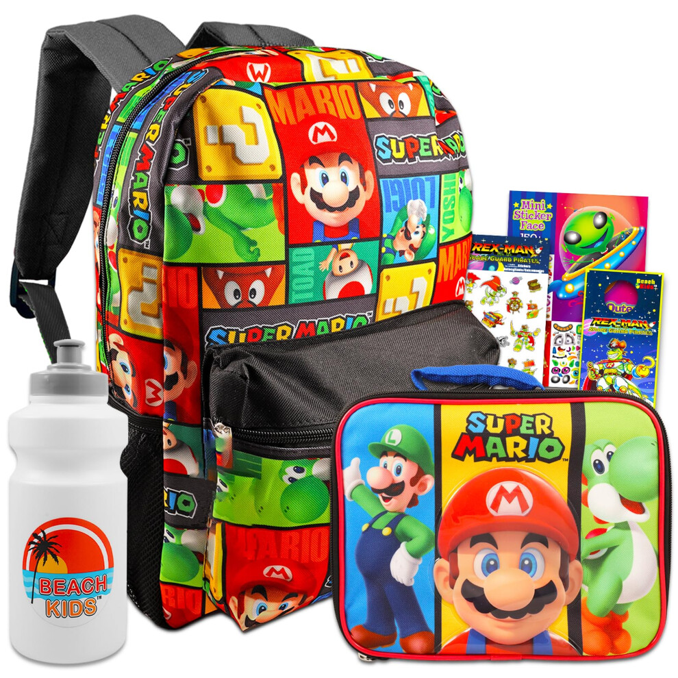 Super Mario Backpack and Lunch Box Set for Kids - Bundle with Mario Backpack  Mario Lunch Bag  Stickers  Water Bottle  More | Super Mario Ba