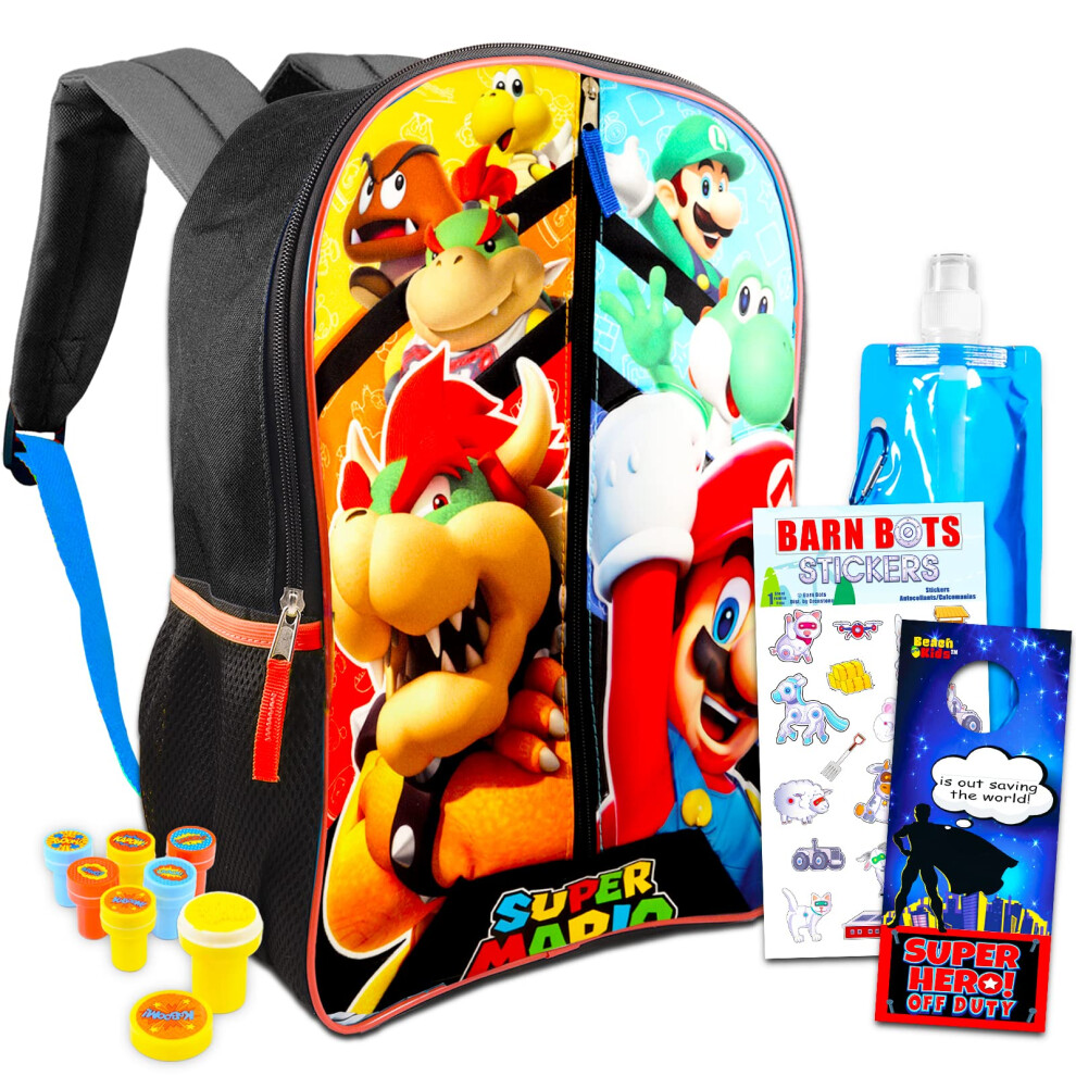 Super Mario Backpack for Kids - 16"" Mario and Luigi Backpack Bundle  Stickers  Superhero Stampers  More School Supplies