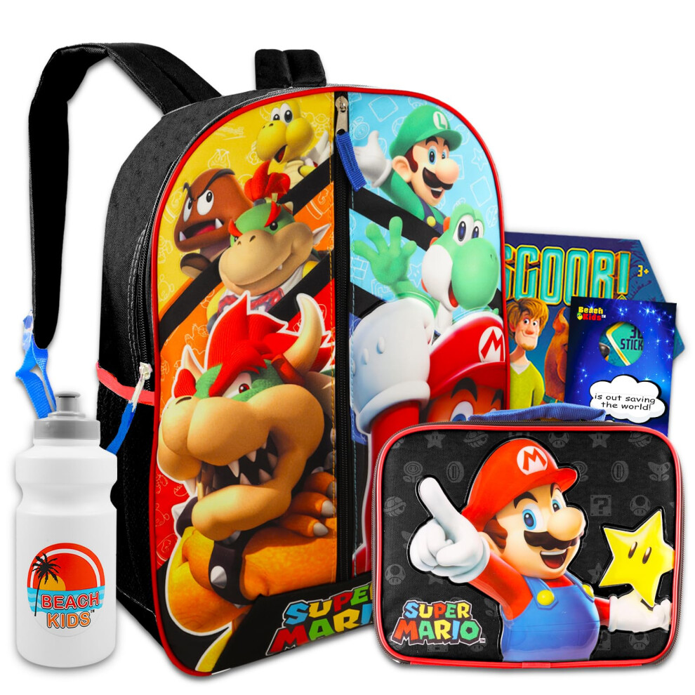 Super Mario Backpack with Lunch Box Set for Kids - Bundle with Mario Backpack  Mario Lunch Bag  Stickers  Water Bottle  More | Super Mario B