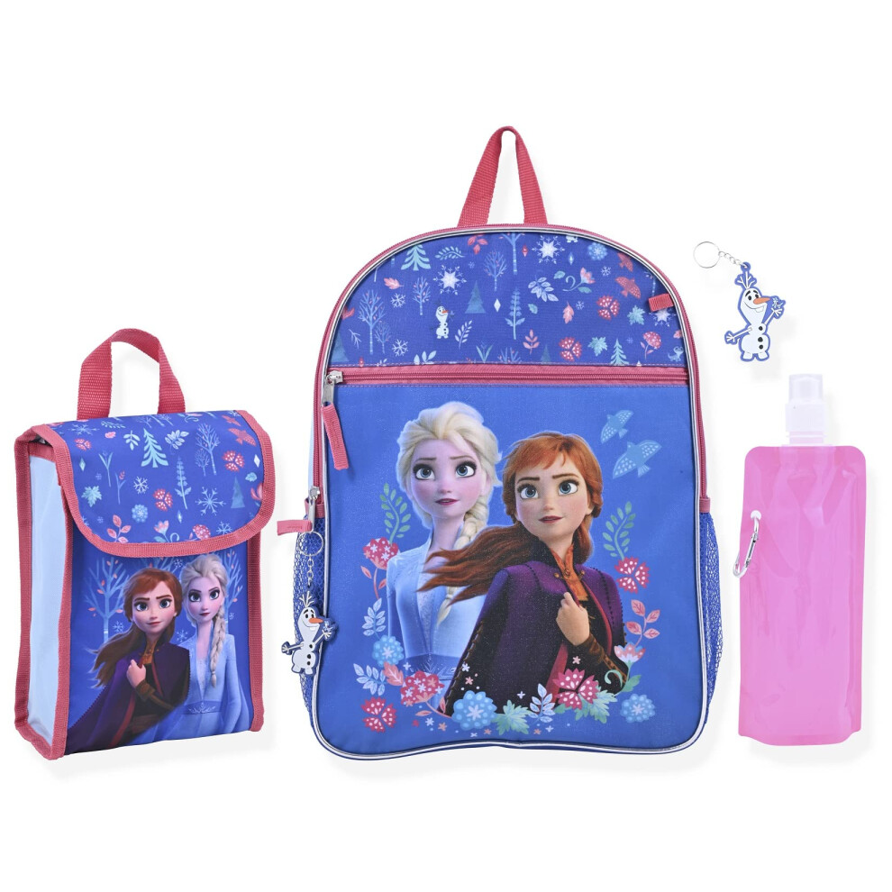 Disney Frozen Girls Backpack for Little Kids | 6 Piece Set Girls Water Bottle Keychains Snack Tote and Knapsack for School