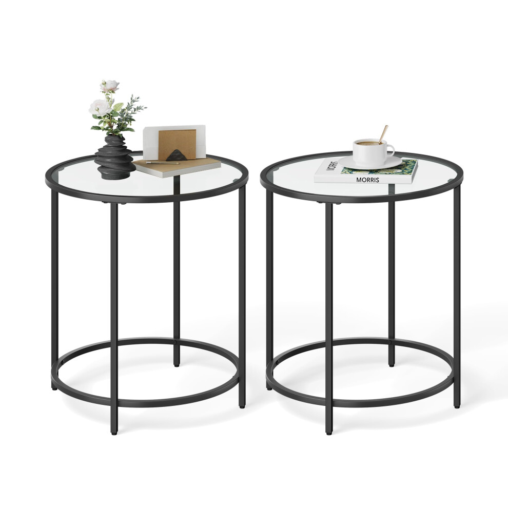 VASAGLE Round Side Tables  Set of 2  Glass End Tables with Metal Frame  Black Coffee Tables with Modern Style  for Living Room  Balcony  Bed