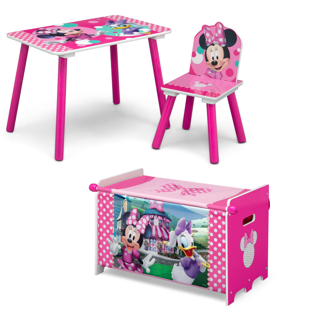 Delta Children Disney Minnie Mouse 3-Piece Toddler Playroom Set- Includes Table  Chair and Toy Box  Pink