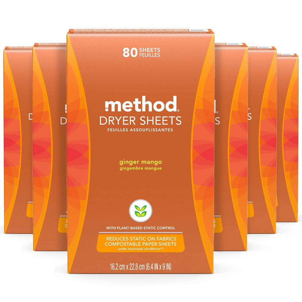 Method Dryer Sheets  Ginger Mango  Fabric Softener and Static Reducer  Compostable and Plant-Based Laundry Essentials  80 Count (Pack of 6)