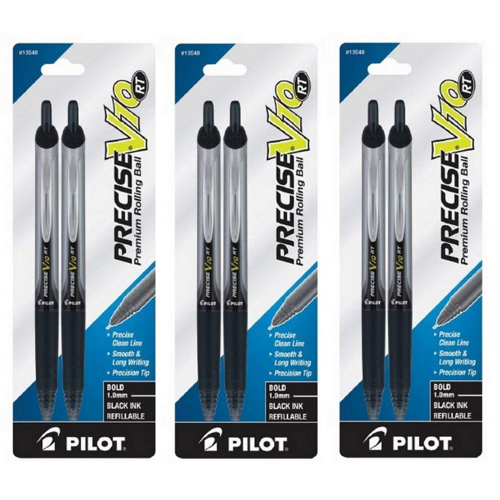 PILOT (3) Precise V10 RT Retractable Premium Rolling Ball Pens  Bold  1.0 mm  Black Ink  2 Pack (13548)