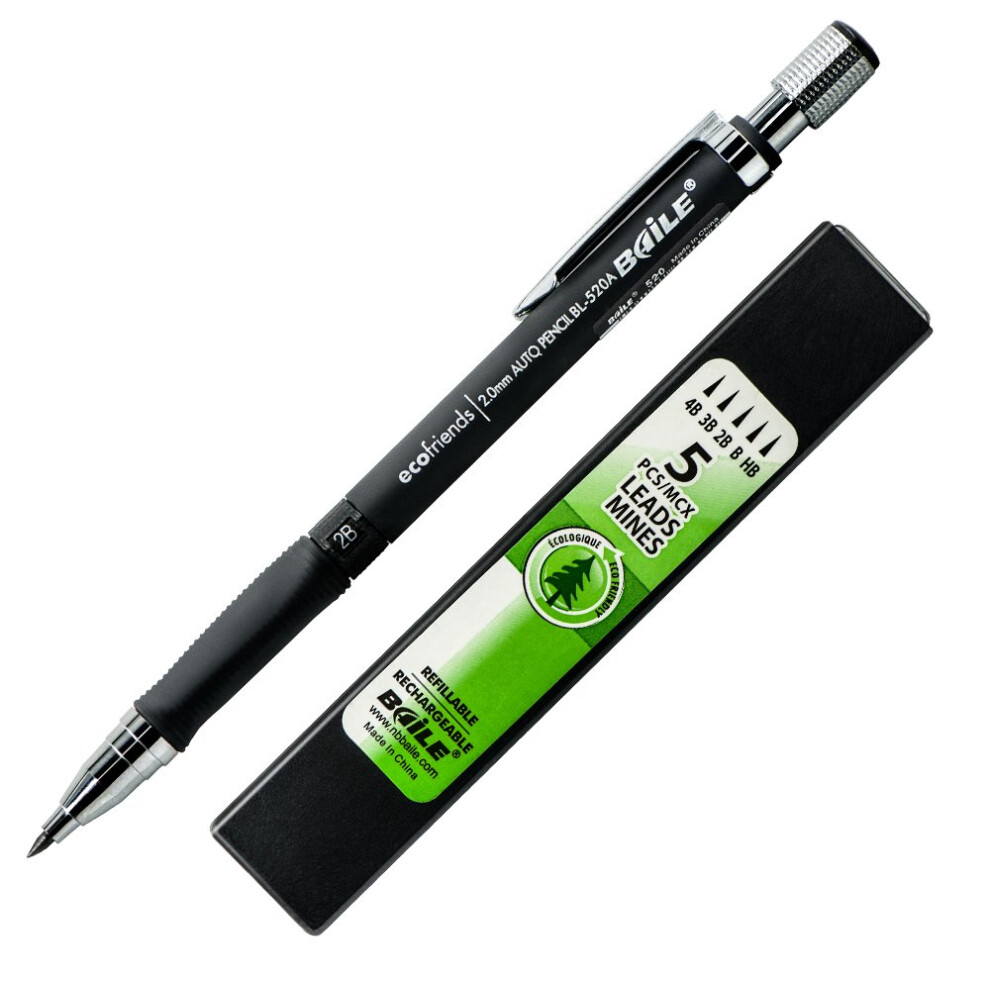 Baile 2.0mm 2B Mechanical Pencil with Lead Refill (Black)(Sharpener in The Cap)