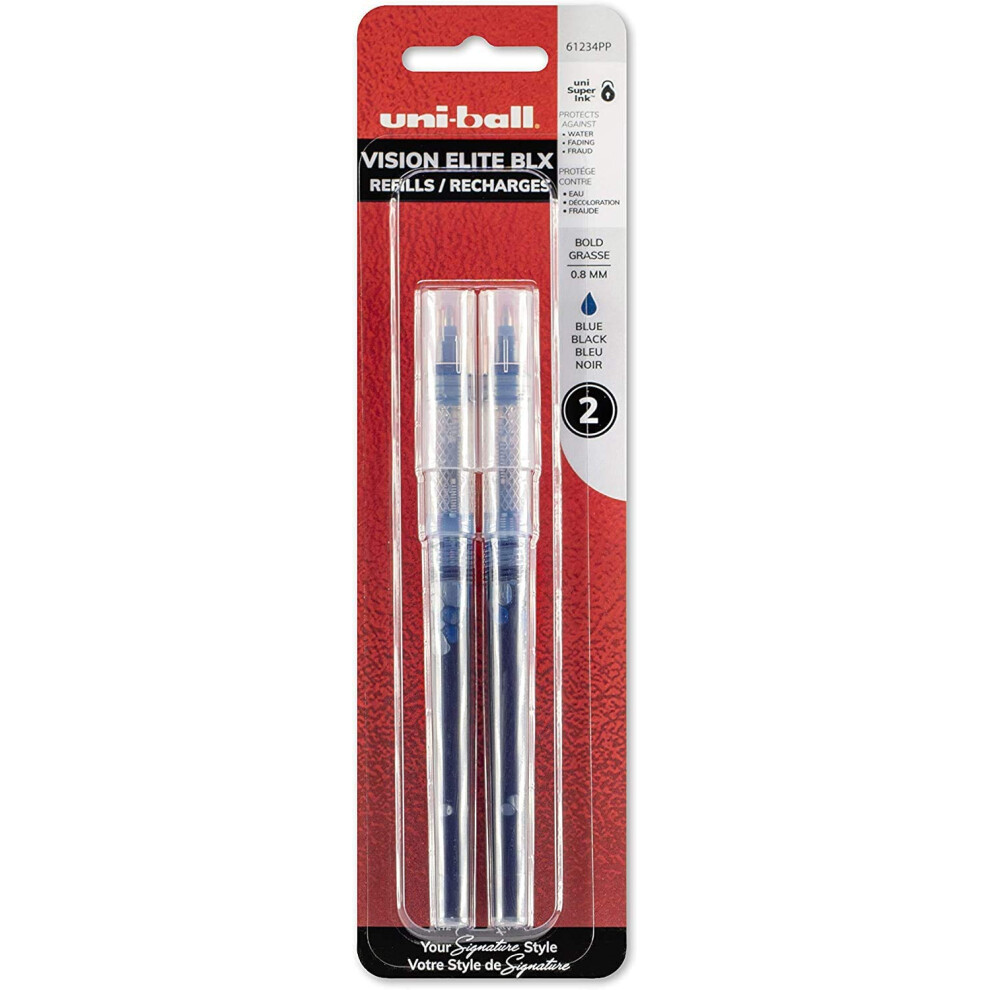 uni-ball Vision Elite BLX Rollerball Ink Pens Refills Bold Point  0.8mm  Blue/Black  2 Pack