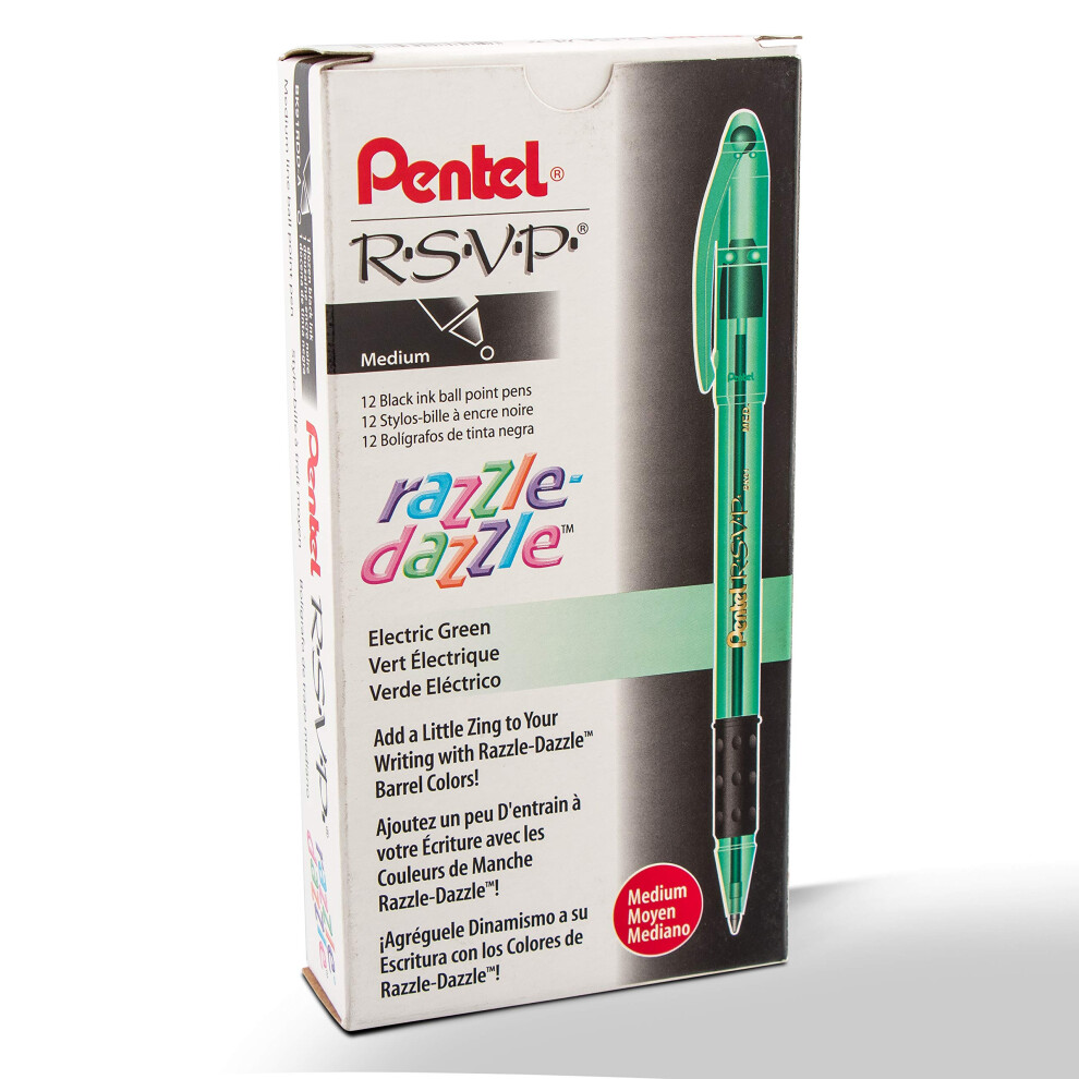 Pentel RSVP Razzle-Dazzle Ballpoint Pen  (1.0mm) Medium Line  Green Barrel  Black Ink  Box of 12 (BK91RDD-A)