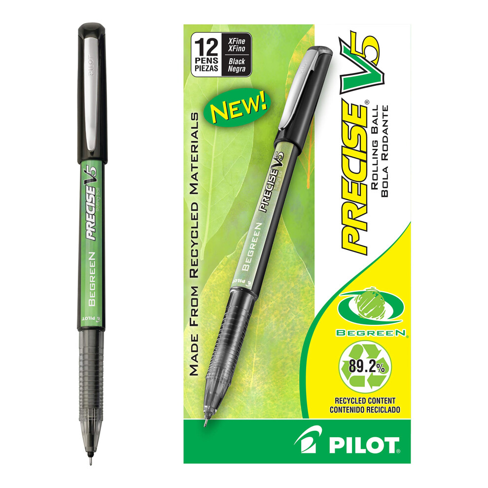 PILOT  Precise V5 BeGreen  Capped Liquid Ink Rolling Ball Pens  Extra Fine Point 0.5 mm  Black  Pack of 12