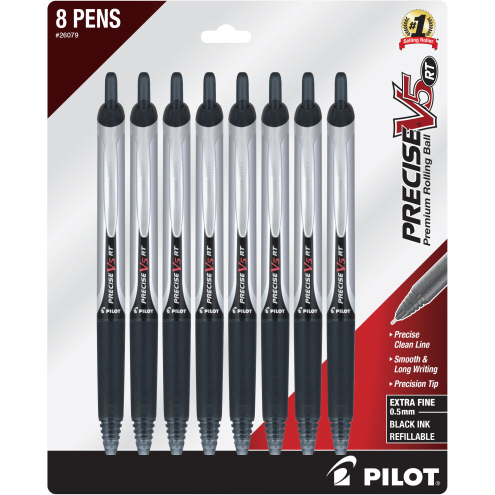 PILOT Precise V5 Retractable Rolling Ball Pen with Liquid Ink  Extra Fine Point (0.5mm) Black Ink  8 Pens