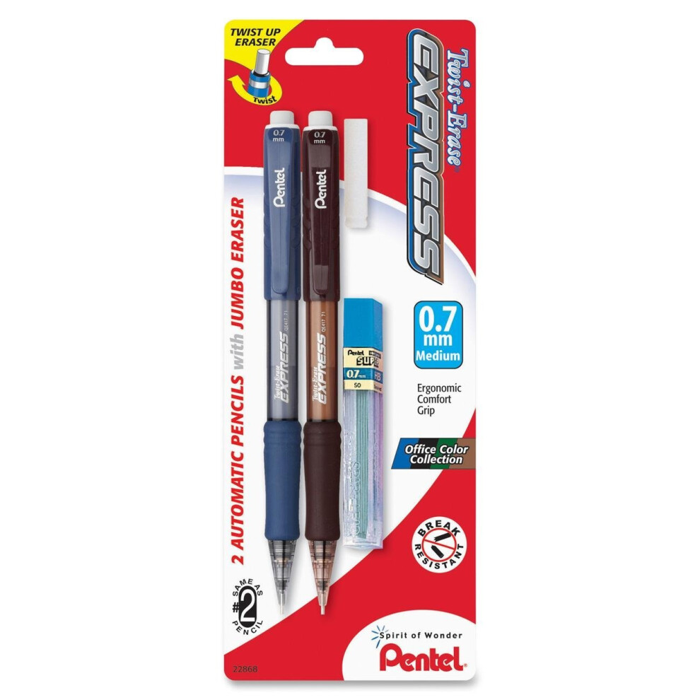 Pentel Twist-Erase Express Automatic Pencil with Lead and Eraser  0.7mm  Assorted Barrels  2 Pack (QE417LEBP2)