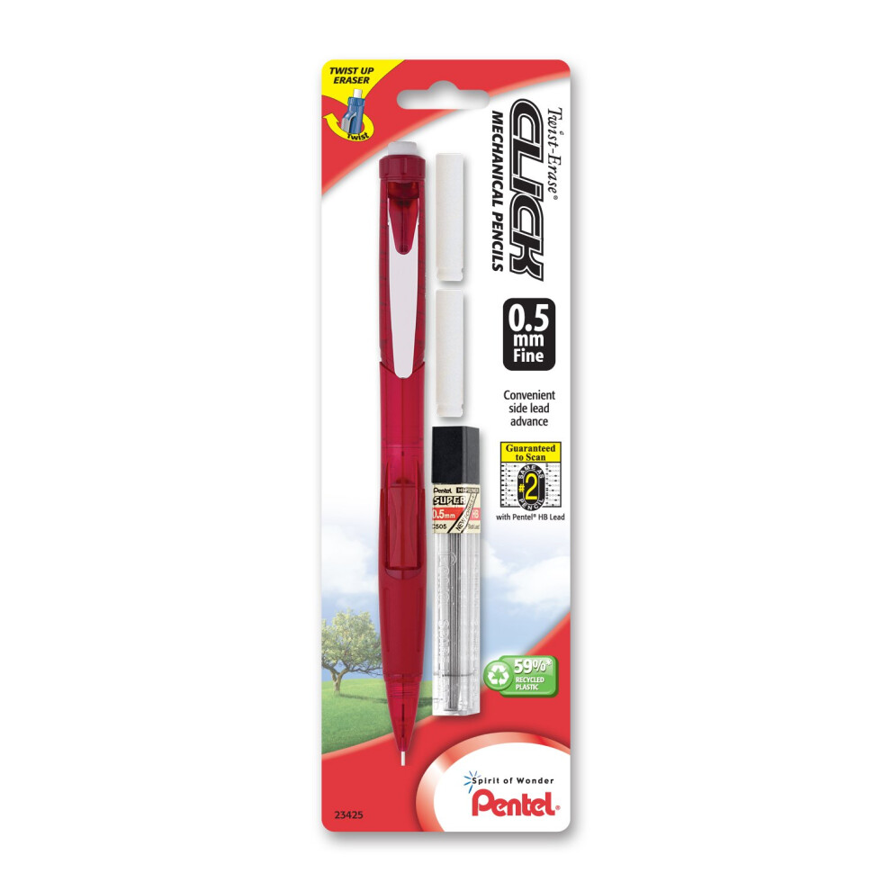 Pentel Twist Erase CLICK Automatic Pencil with 2 Eraser Refills and Lead  0.5mm  Assorted Barrels  Color May Vary  1 Pack (PD275TLEBP)