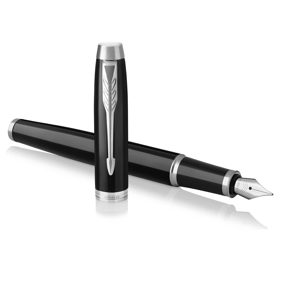 PARKER IM Fountain Pen  Black Lacquer Chrome Trim  Fine Nib with Blue Ink Refill (1931644)