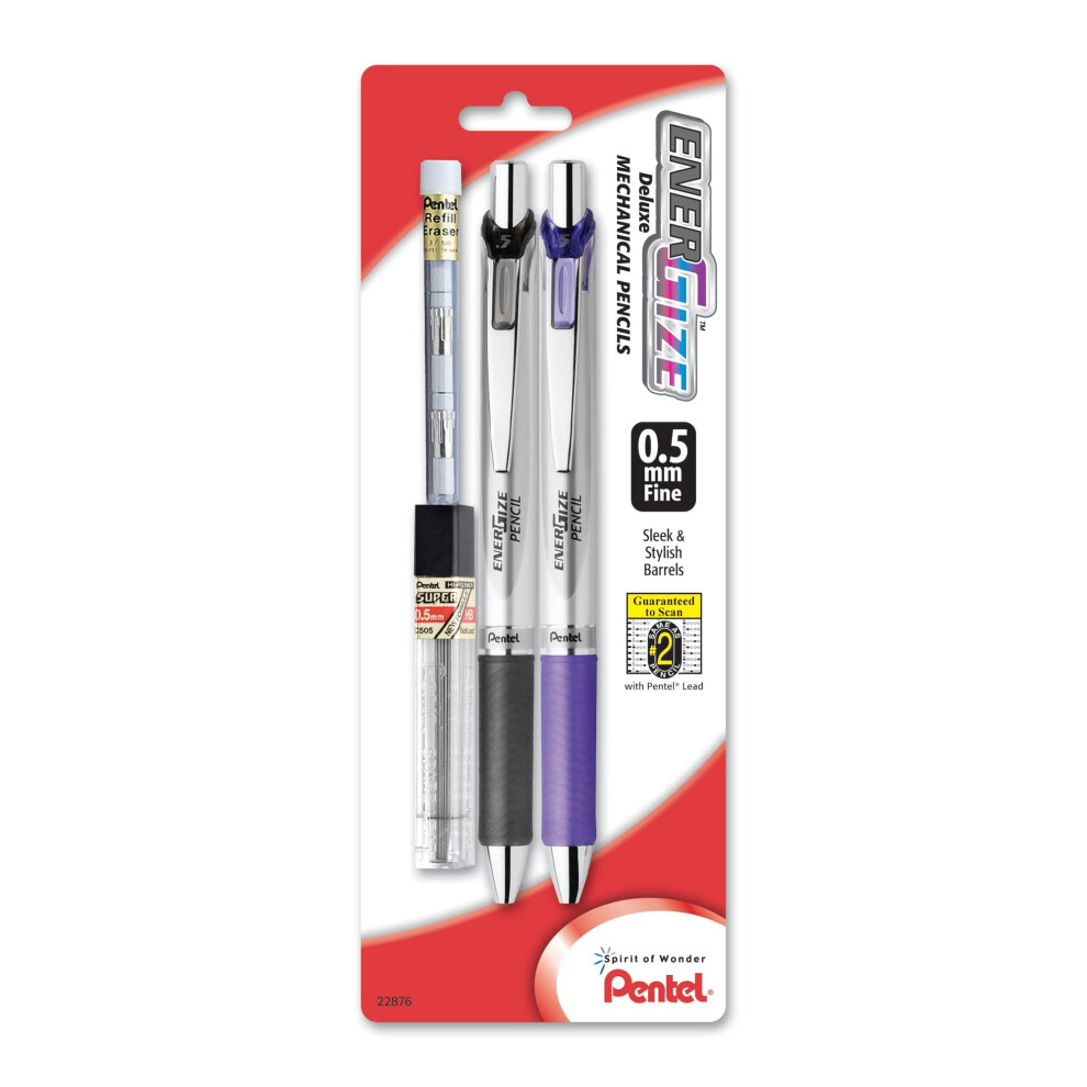 Pentel EnerGize Automatic Pencil with Lead and Erasers  0.5mm  Assorted  2 Pack (PL75LEBP2)