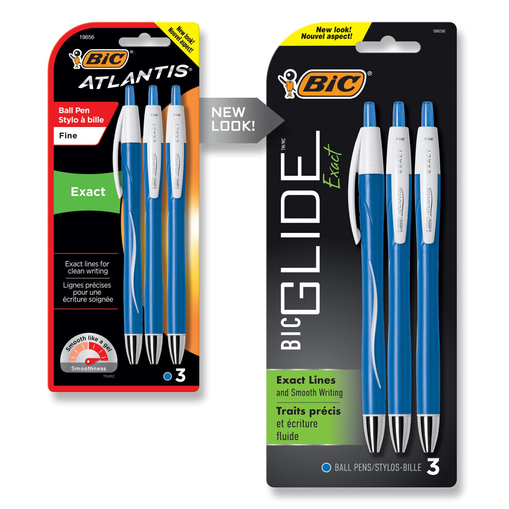 BIC Glide Exact Retractable Ball Point Pen  Fine Point (0.7 mm)  Blue  Precise Lines For Clean Writing  3-Count