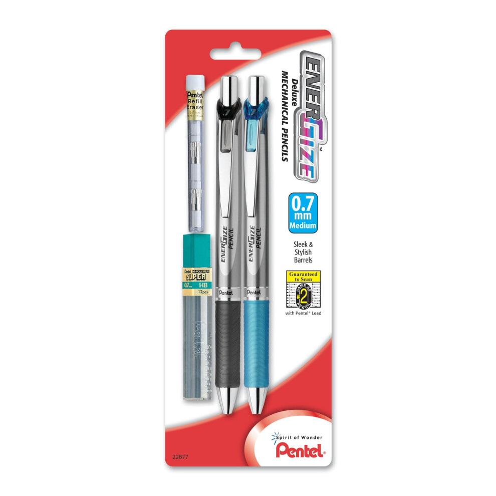 Pentel EnerGize Automatic Pencil with Lead and Erasers  0.7mm  Assorted  2 Pack (PL77LEBP2)