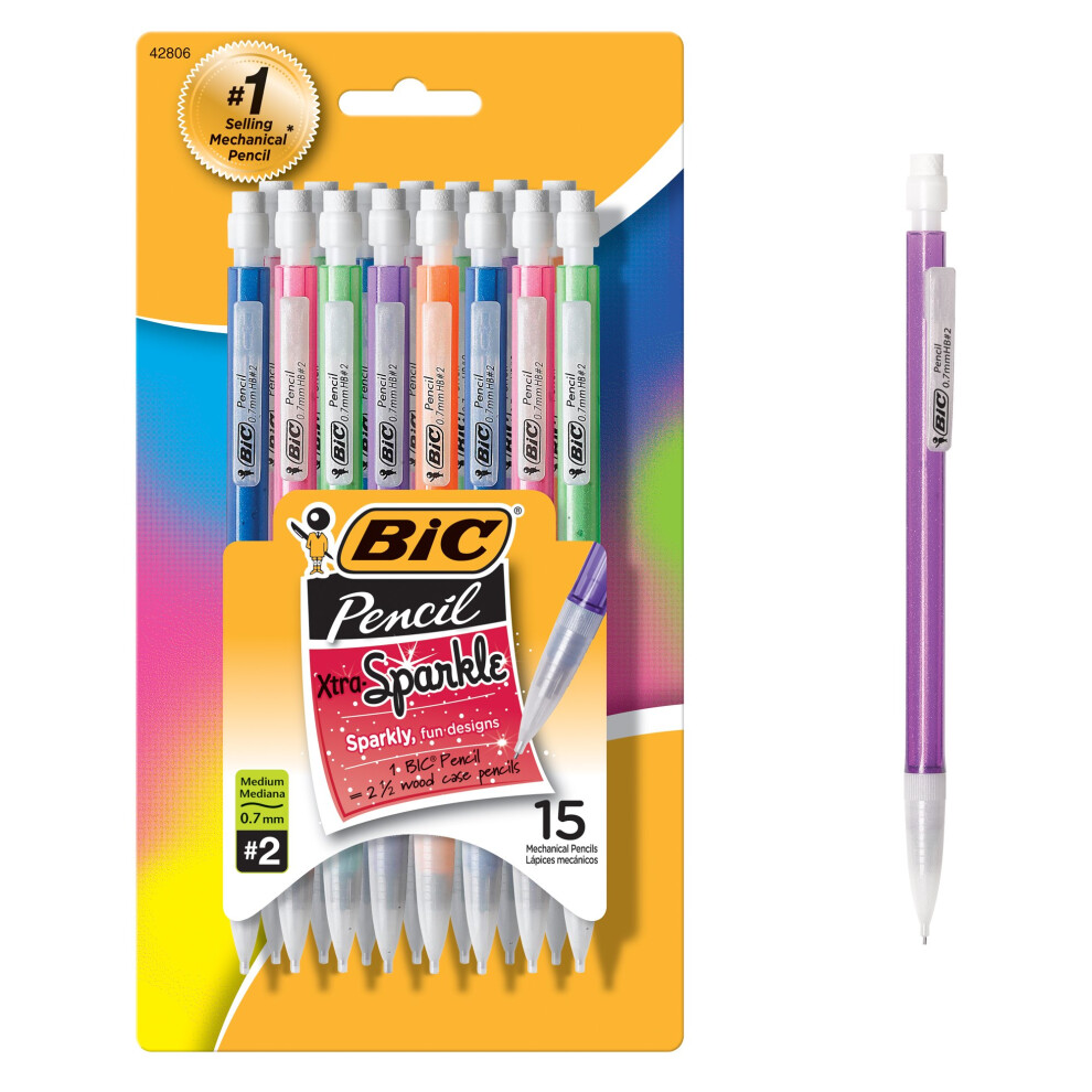 BIC Xtra-Sparkle Mechanical Pencil  Medium Point (0.7mm)  Fun Design With Colorful Barrel  15-Count