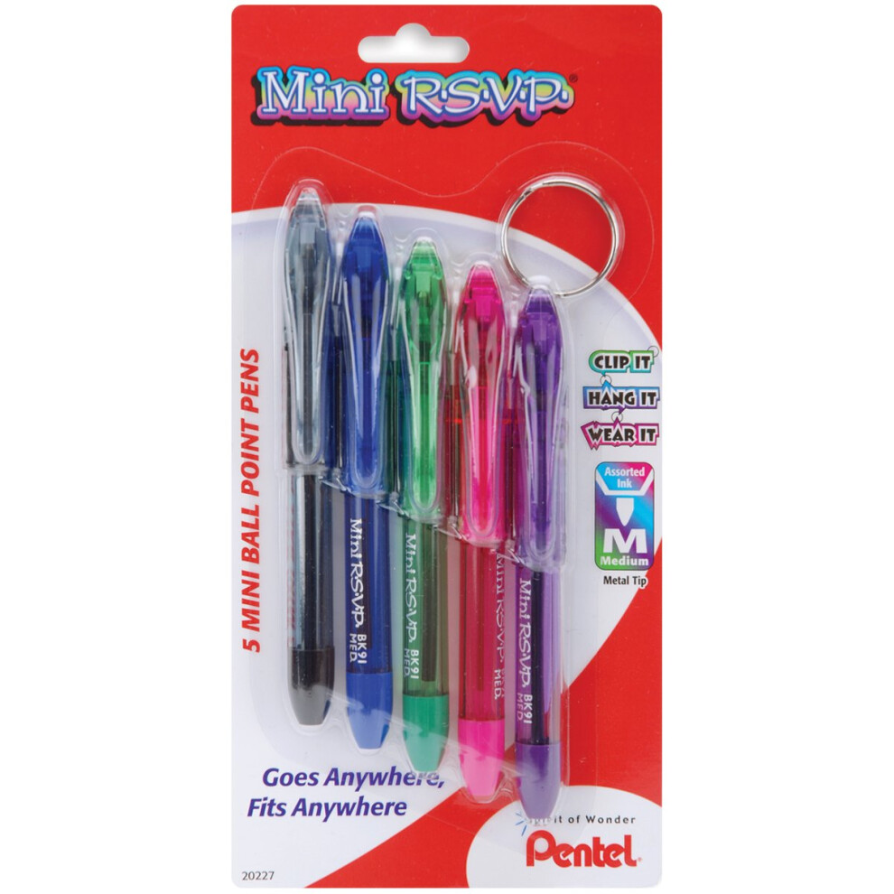 Pentel Mini R.S.V.P. Ballpoint Pen  Medium line  Assorted Ink Colors  5 Pack (BK91MNBP5M)