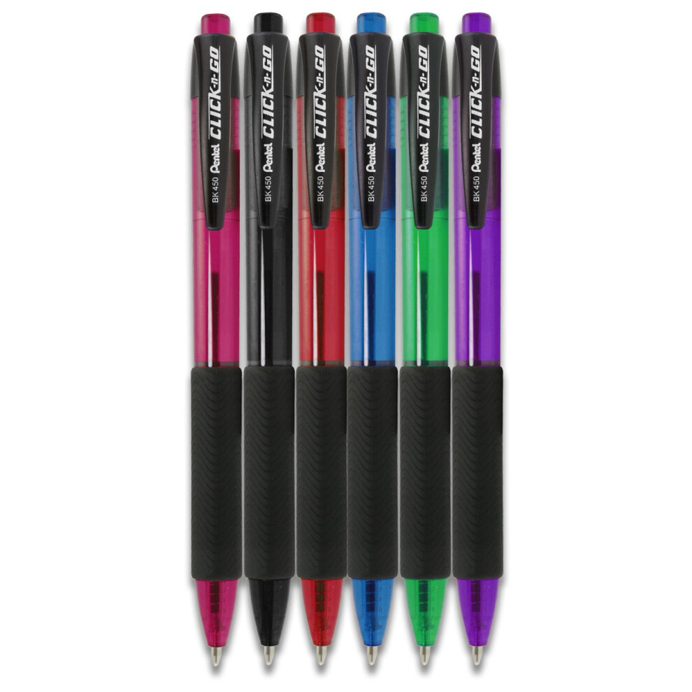 Pentel Click-N-Go Retractable Ballpoint Pens  Medium  Assorted  Black Ink 6/Pack