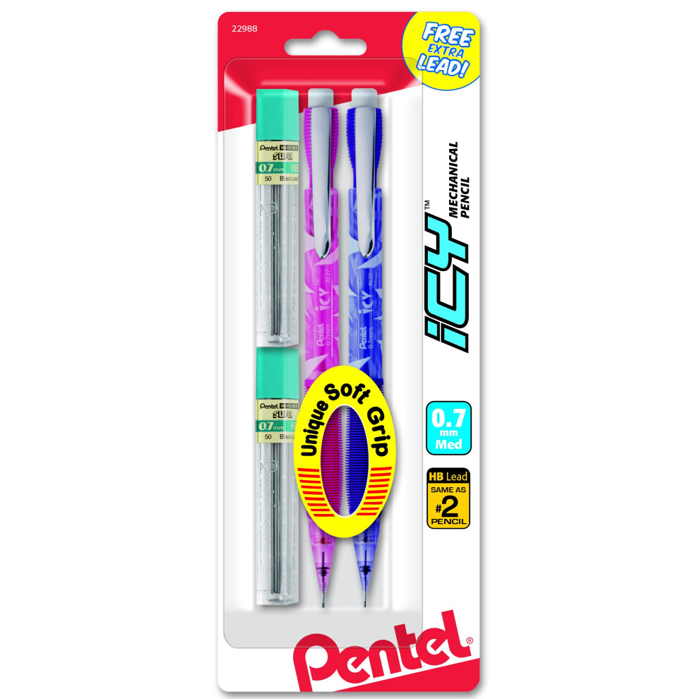 Pentel Icy Automatic Pencil with Lead  0.7 mm  Assorted Barrels  2 Pack (AL27TLBP2)