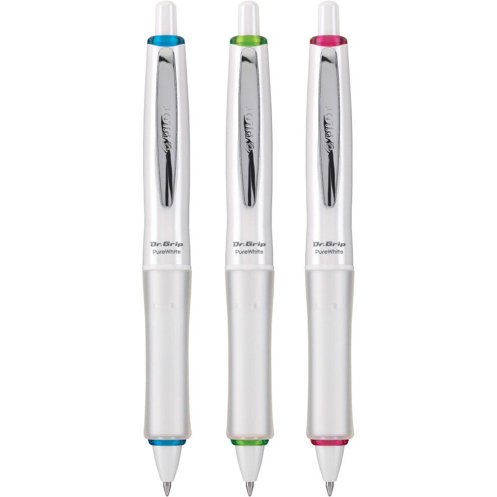 PILOT Dr. Grip PureWhite Refillable & Retractable Ballpoint Pen  Medium Point  with Assorted Color Accents  Black Ink  3-Pack (14631)