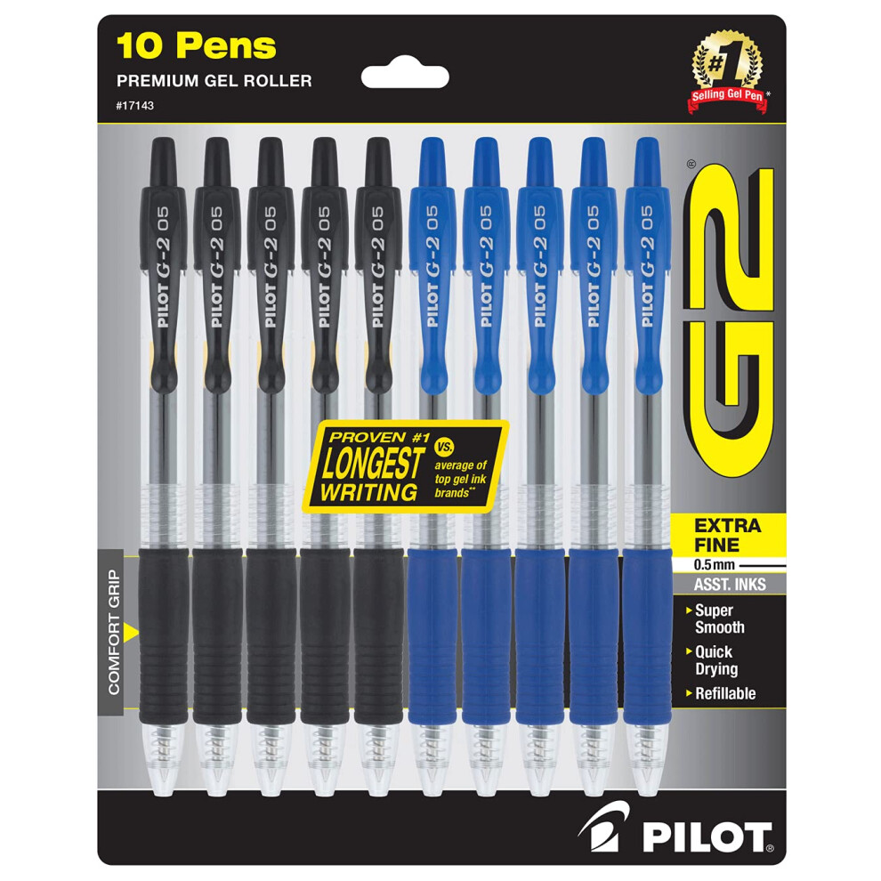 PILOT G2 Pens 0.5 mm - 10 Pack (5 Black and 5 Blue Pens) Premium Gel Ink Pens Extra Fine Point 0.5 Pens Refillable & Retractable Rolling Bal