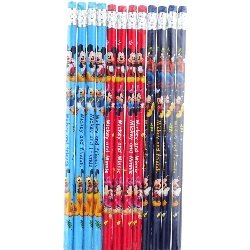 Disney Mickey Mouse Pencils Set - Pack of 12 Wood Pencils with Erasers and Stickers (Mickey Mouse School Supplies) (12 Pencils)