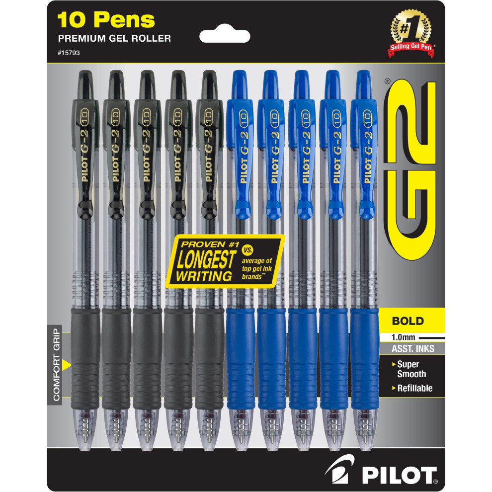 Pilot G2 Bold  Premium Gel Pens  Bulk Pack Of 10 Pilot G2 Pens  5 Black G-2 & 5 Blue Ink  1.0mm Medium Point  Retractable Rolling Ball  Offi