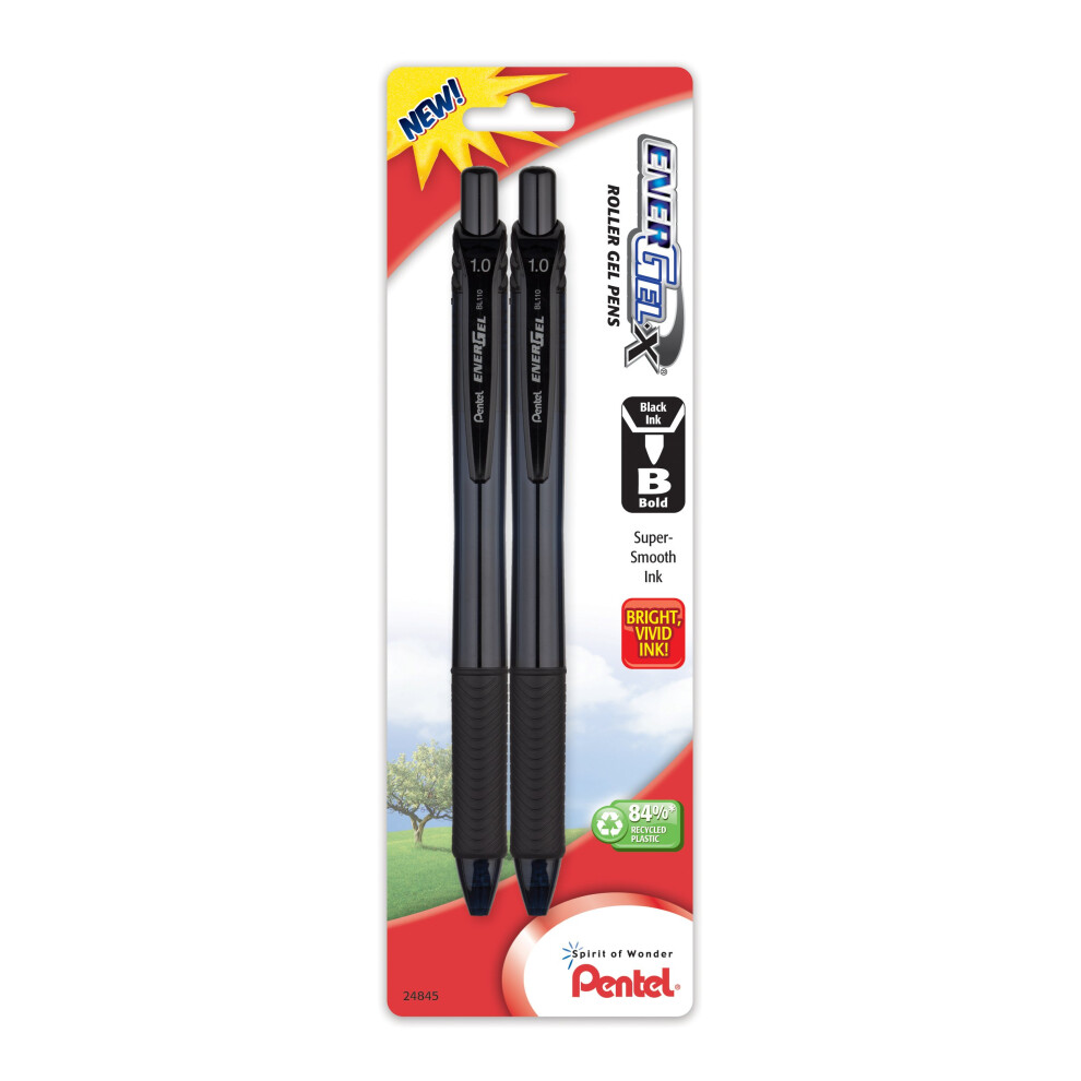 Pentel EnerGel-X Retractable Liquid Gel Pen  1.0mm  Metal Tip  Black Ink  2 Pack (BL110BP2A)