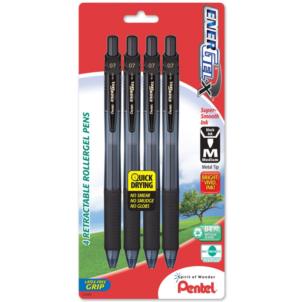 Pentel EnerGel-X Retractable Liquid Gel Pen  0.7mm  Medium Line  Metal Tip  Black  4 Pack (BL107BP4A)