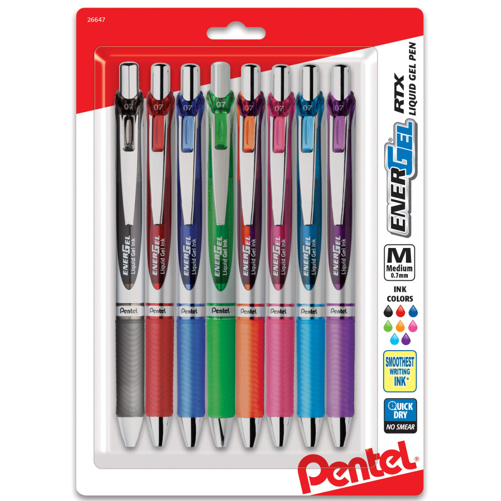 Pentel EnerGel RTX Retractable Liquid Gel Pen  (0.7mm) Metal Tip  Medium Line Assorted Ink  8-Pk (BL77BP8M1)