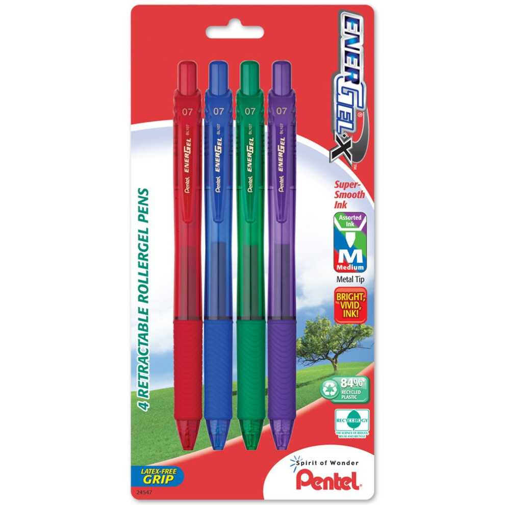 Pentel EnerGel-X Retractable Liquid Gel Pen  0.7mm  Medium Line  Metal Tip  4 Pack (BL107BP4M1)  Assorted