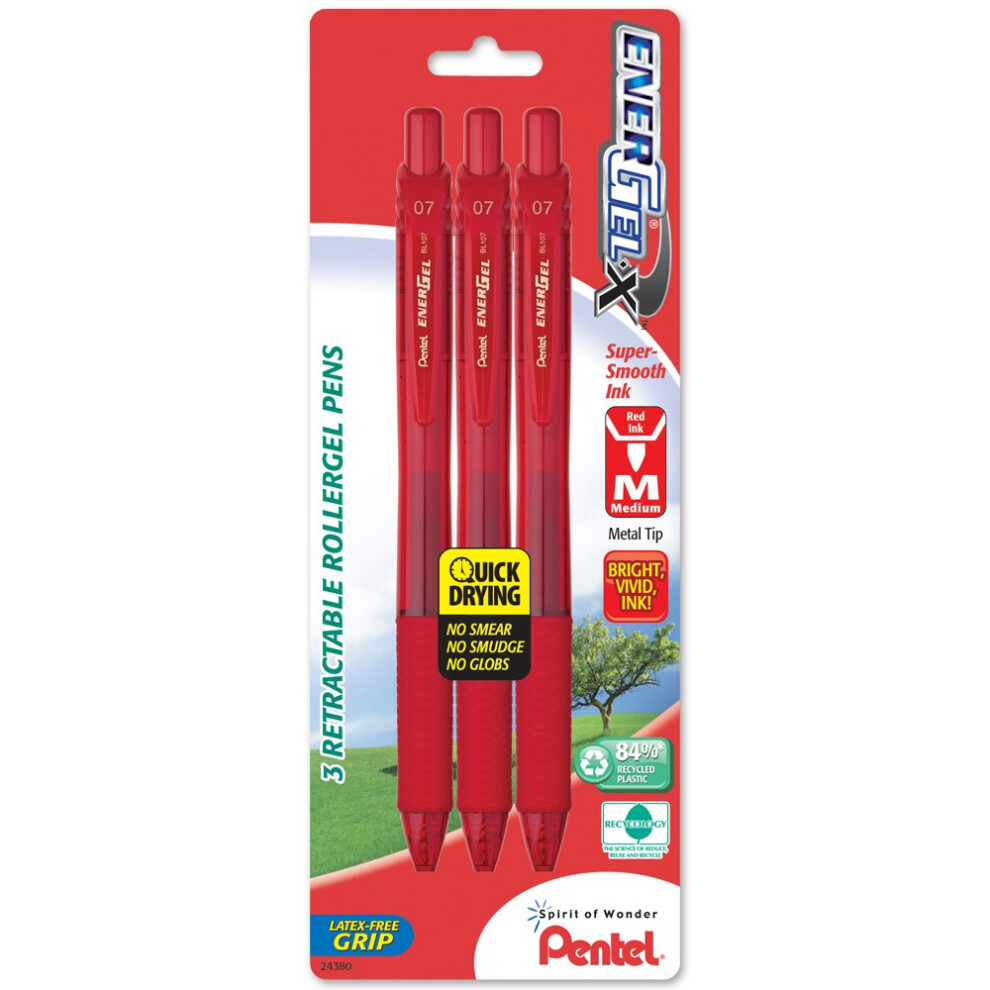 Pentel EnerGel-X Retractable Liquid Gel Pen  0.7mm  Medium Line  Metal Tip  Red Ink  3 Pack (BL107BP3B)